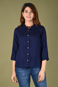RIJHARI Women Solid Casual Dark Blue Shirt