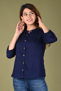 RIJHARI Women Solid Casual Dark Blue Shirt - Image 3