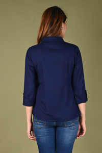 RIJHARI Women Solid Casual Dark Blue Shirt - Image 2
