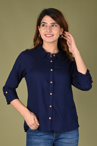 RIJHARI Women Solid Casual Dark Blue Shirt - Image 7