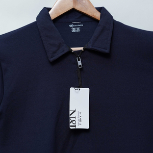 N AND J Solid Men Polo Neck Navy Blue T-Shirt - Image 4