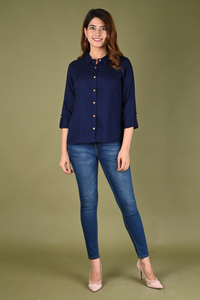 RIJHARI Women Solid Casual Dark Blue Shirt - Image 5